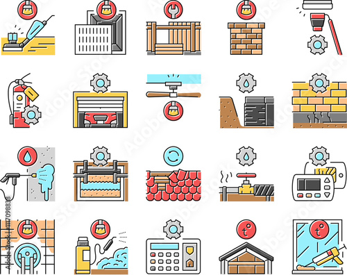 home maintenance cleaning icons set vector. plumbing roofing insulation, landscaping pest, hvac electrical, flooring siding home maintenance cleaning color line illustrations