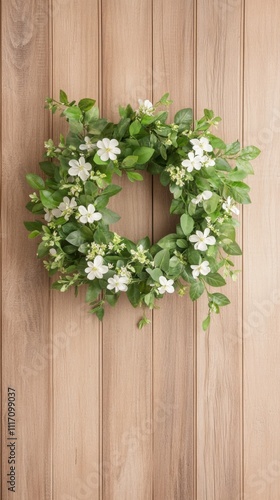 Spring Floral Wreath on Wooden Background.