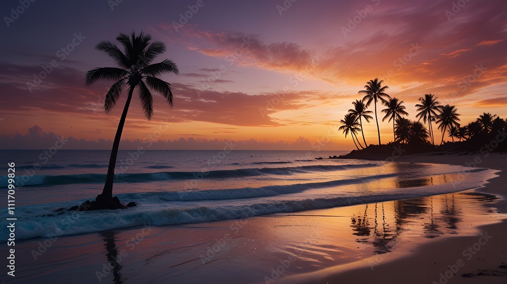 Beautiful tropical sunset over a beach with palm trees and waves Beautiful tropical sunset over a beach with palm trees and waves