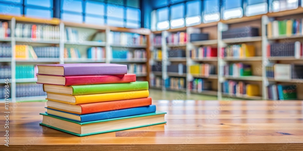 Colorful stack of books on wooden table in modern library, vibrant and organized look at reading materials Colorful stack of books on wooden table in modern library, vibrant and organized look at reading materials
