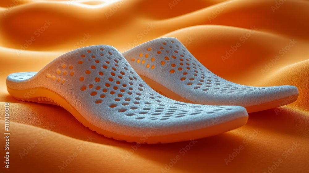 White perforated slip-on sandals on orange textured background. White perforated slip-on sandals on orange textured background.