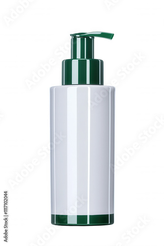 Green Liquid Soap Dispenser Bottle Close-up with Transparent Label and White Background photo