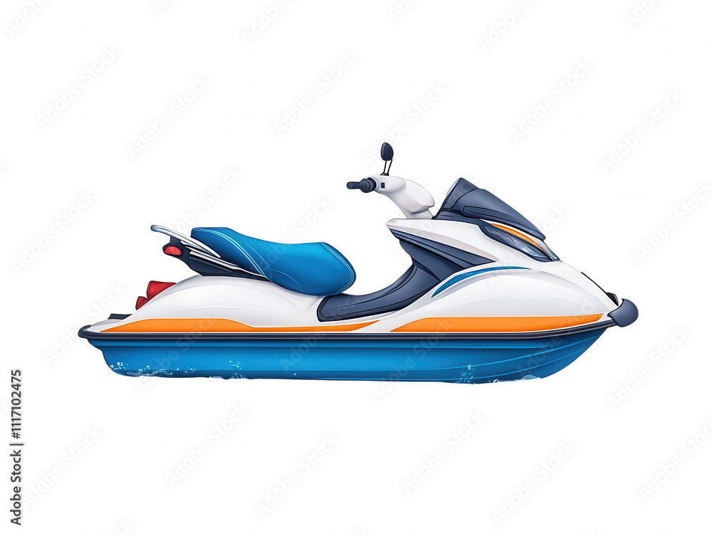 Naklejka premium Vibrant Cartoon Jet Ski on Water Action Image Blue White Red Accents Fun Water Sports Adventure Illustration