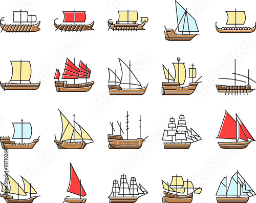ancient ship maritime vessel icons set vector. navigation exploration, trade archaeology, discovery seafaring, shipwreck galleon ancient ship maritime vessel color line illustrations