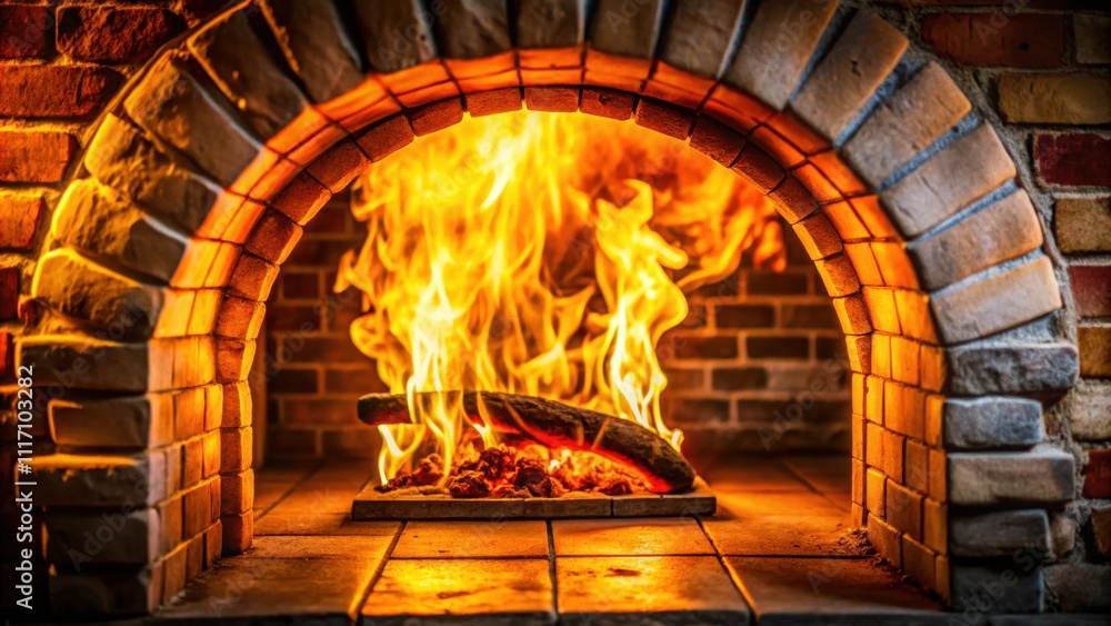 Fire burning brightly in a traditional brick oven , flames, heat, cooking, wood-fired, hot Fire burning brightly in a traditional brick oven , flames, heat, cooking, wood-fired, hot