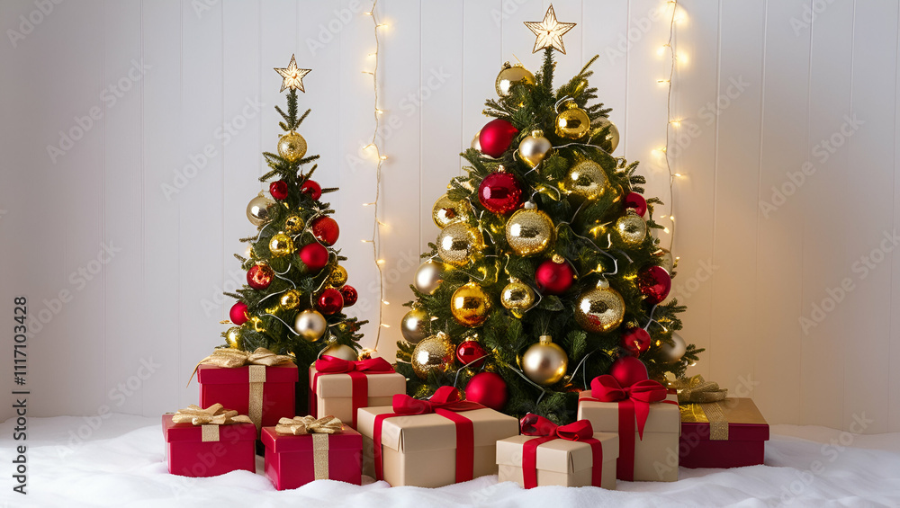 Christmas tree adorned with shimmering gold and red ornaments Christmas tree adorned with shimmering gold and red ornaments