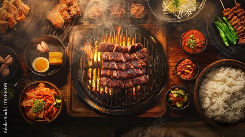 Sizzling Korean BBQ Feast Delicious Grilled Meat Kimchi Rice Sides photo