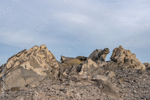 Obsidian Butte on the south shore of the Salton Sea. Calipatria, Imperial County, California. The Salton Buttes lie within the Salton Sea Geothermal Field. Rhyolite. dry lake bed.