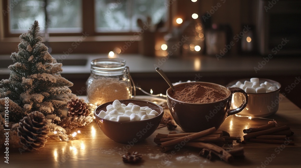Fototapeta premium Cozy scene with hot cocoa ingredients and festive decor.