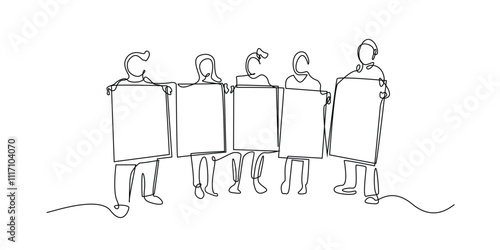 continuous line drawing of group of people holding a demonstration carrying banners. one line drawing of a group of people carrying a banner with the words demands.single line vector illustration