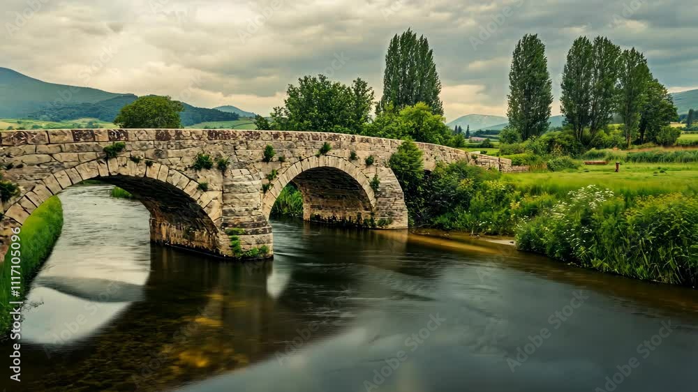 Serene Stone Bridge Over Calm River in Lush Green Valley Serene Stone Bridge Over Calm River in Lush Green Valley