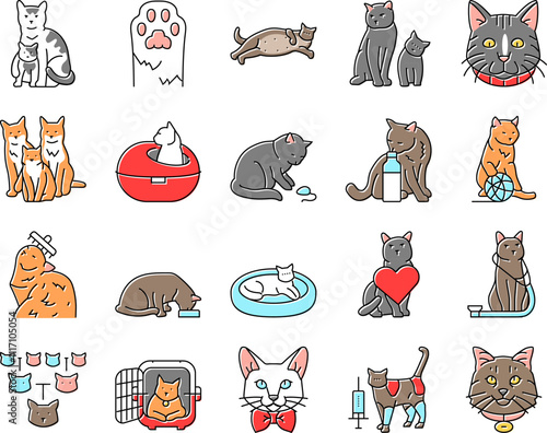 cat breeding genetics cattery icons set vector. pedigree lineage, purebred hybrid, mating selection, traits coat, temperament health cat breeding genetics cattery color line illustrations