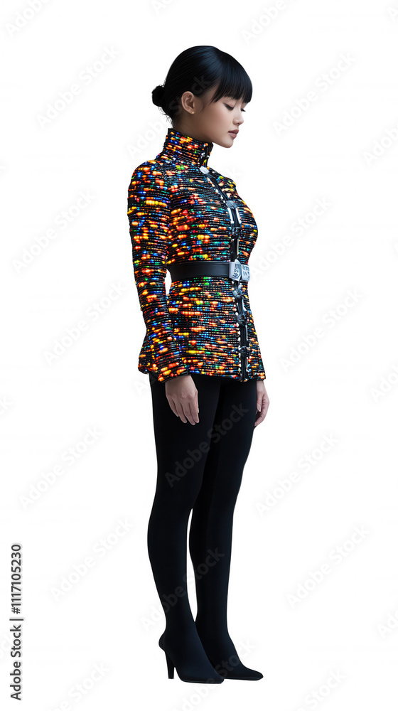 Moody Side Profile Portrait Woman in Patterned Jacket with Minimalist Earring Detail Moody Side Profile Portrait Woman in Patterned Jacket with Minimalist Earring Detail