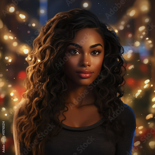 Beautiful young woman with natural afro hair wearing a red sweater, gazing confidently at camera against a festive background of colorful bokeh lights.