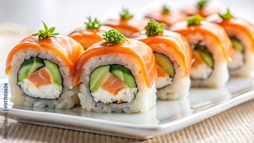 Close up of delicious salmon sushi roll on a white plate, japanese cuisine, raw fish, seafood, asian food, traditional, sushi roll Close up of delicious salmon sushi roll on a white plate, japanese cuisine, raw fish, seafood, asian food, traditional, sushi roll