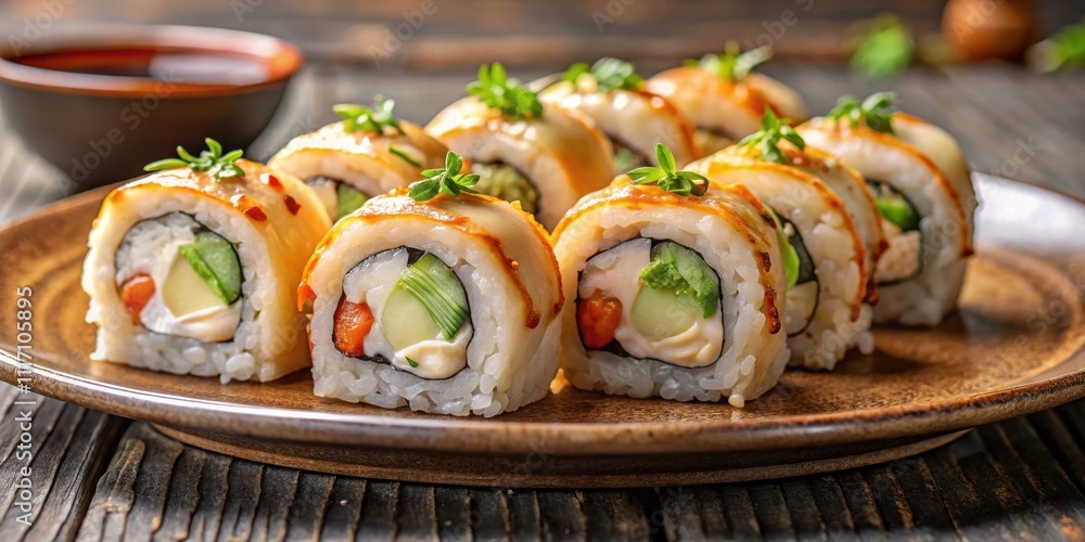 Close-up of sushi rolls with creamy sauce on a rustic ceramic plate, sushi, rolls, creamy sauce, rustic, ceramic plate Close-up of sushi rolls with creamy sauce on a rustic ceramic plate, sushi, rolls, creamy sauce, rustic, ceramic plate