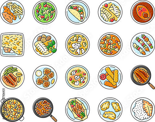 fish dishes icons set vector. chips ceviche tacos baked cod curry pie poached soup stew kebabs blackened cakes fish dishes color line illustrations
