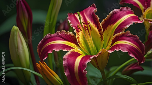 Large blooming day lily with bright yellow edges. photo