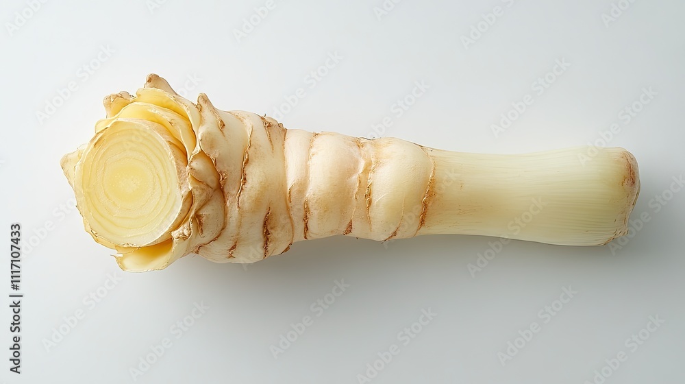 Fresh galangal root sliced open to reveal its inner structure, against a white background. Fresh galangal root sliced open to reveal its inner structure, against a white background.