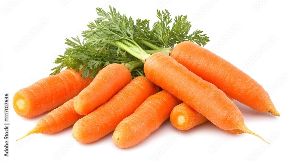Fresh orange carrots with their leafy tops, isolated on a white background to highlight their vibrant color. Fresh orange carrots with their leafy tops, isolated on a white background to highlight their vibrant color.