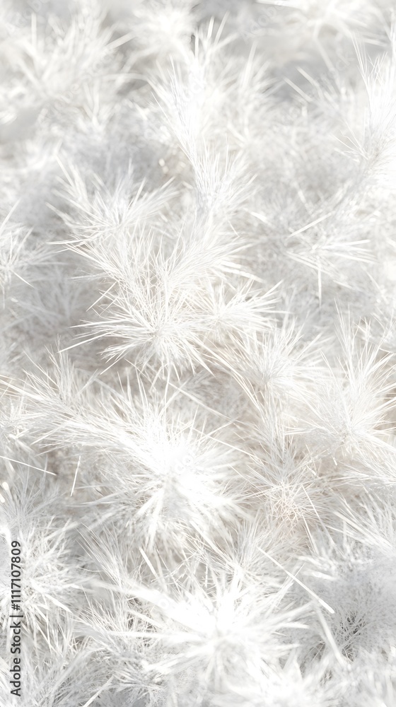 A close-up of white, spiky frost or ice crystals creating a delicate, textured surface. A close-up of white, spiky frost or ice crystals creating a delicate, textured surface.