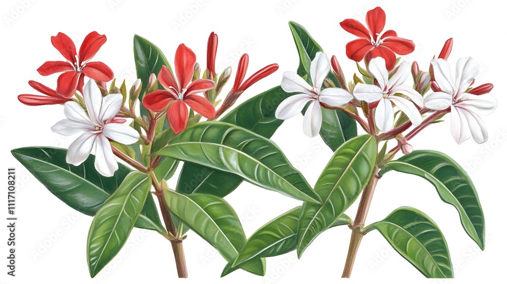 Obraz premium Red and White Flowers with Lush Green Leaves