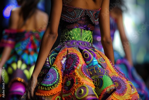 Fashion models showcasing vibrant, colorful, detailed, embroidered dresses on runway.