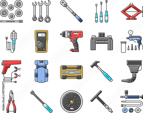 car repair tools wrench icons set vector. socket ratchet, pliers jack, lift screwdriver, multimeter, compressor, torque car repair tools wrench color line illustrations