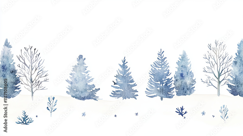 Obraz premium Winter scene with watercolor trees in shades of blue, creating serene and peaceful atmosphere. delicate branches and snowy ground enhance tranquil beauty of landscape