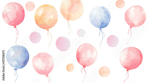 Colorful watercolor balloons in various shades, perfect for celebrations and festive occasions. Their soft hues create joyful and cheerful atmosphere