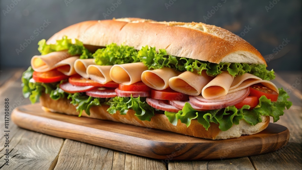 Submarine sandwich filled with turkey and black forest ham, sandwich, submarine, deli, lunch, turkey, ham, black forest, fresh Submarine sandwich filled with turkey and black forest ham, sandwich, submarine, deli, lunch, turkey, ham, black forest, fresh