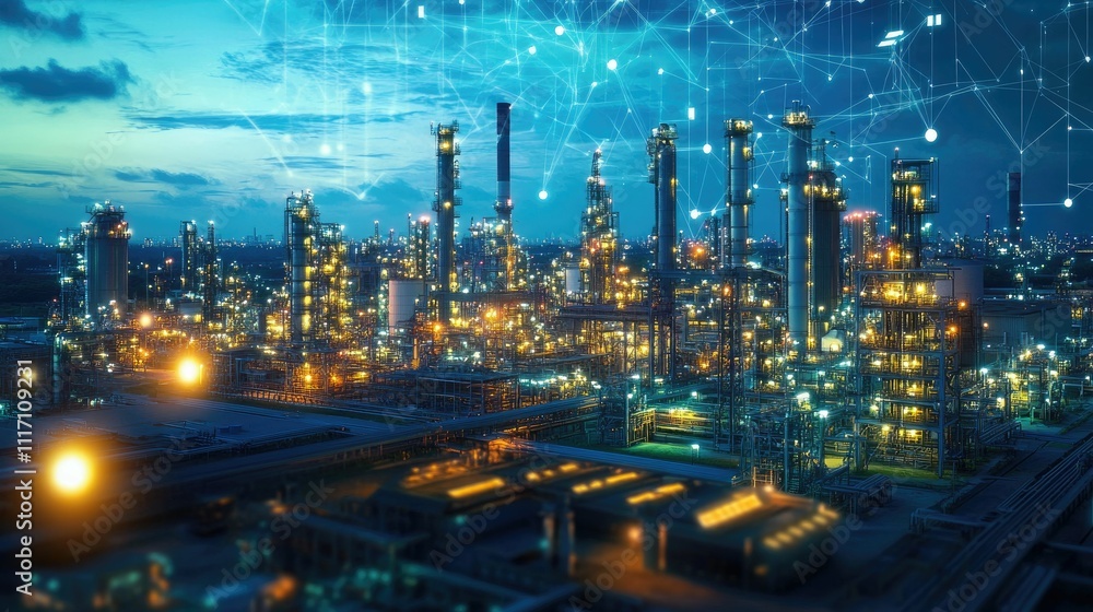 Illuminated industrial complex, networked, nighttime. Illuminated industrial complex, networked, nighttime.