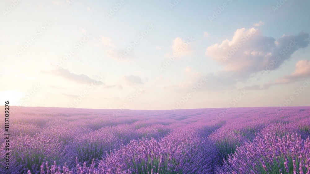 Lavender fields with purple flowers extending into the horizon, clear sky with light clouds, tranquil and refreshing spring scene, copy space above Lavender fields with purple flowers extending into the horizon, clear sky with light clouds, tranquil and refreshing spring scene, copy space above