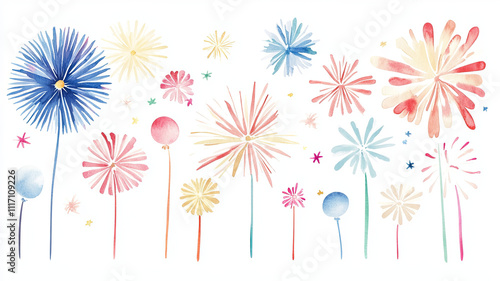 Colorful watercolor flowers in various shapes and sizes create vibrant, cheerful atmosphere. soft hues of blue, pink, and yellow evoke sense of joy and celebration