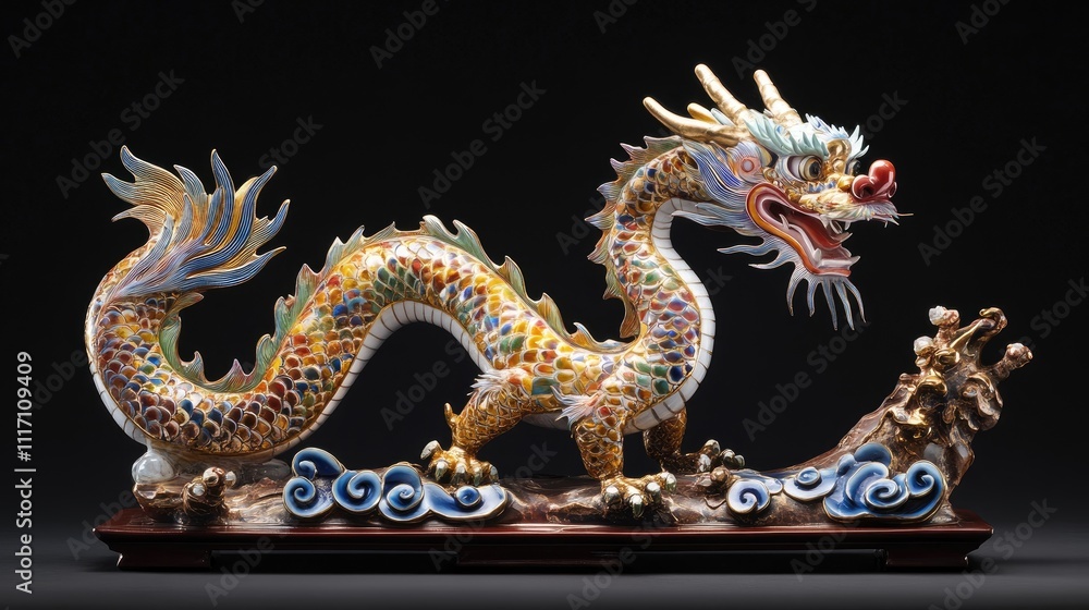 Fototapeta premium Large Chinese dragon statue with colorful detailing and golden scales