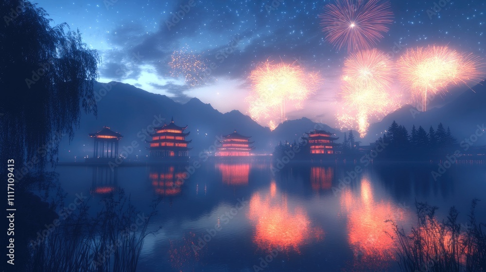 Large fireworks display over a lake with traditional Chinese architecture in the background. Large fireworks display over a lake with traditional Chinese architecture in the background.