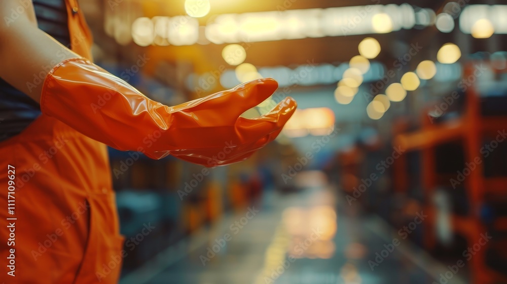 Close-up of worker's hand holding protective glove, symbolizing labor rights and safety in industrial environment. Close-up of worker's hand holding protective glove, symbolizing labor rights and safety in industrial environment.