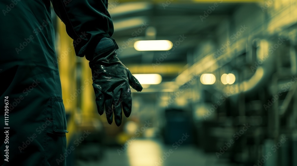 Close-up of worker's hand holding protective glove, symbolizing labor rights and safety in industrial environment. Close-up of worker's hand holding protective glove, symbolizing labor rights and safety in industrial environment.