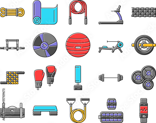 fitness tool dumbbell kettlebell icons set vector. treadmill barbell, resistance band jump rope, yoga mat, foam roller, medicine ball fitness tool dumbbell kettlebell color line illustrations