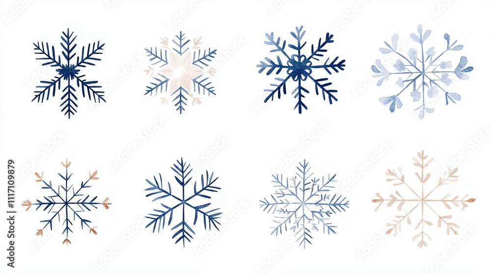 Beautiful collection of snowflakes in various designs and shades of blue and beige, perfect for winter themes and holiday decorations Beautiful collection of snowflakes in various designs and shades of blue and beige, perfect for winter themes and holiday decorations
