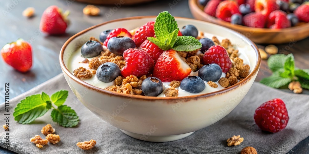 A delicious bowl of yogurt topped with crunchy granola and fresh berries , yogurt, granola, berries, healthy, breakfast, snack, food A delicious bowl of yogurt topped with crunchy granola and fresh berries , yogurt, granola, berries, healthy, breakfast, snack, food
