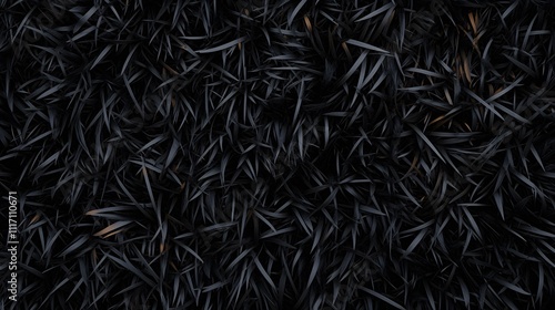 A close-up view of dark, slender plant leaves, creating a textured and uniform surface.