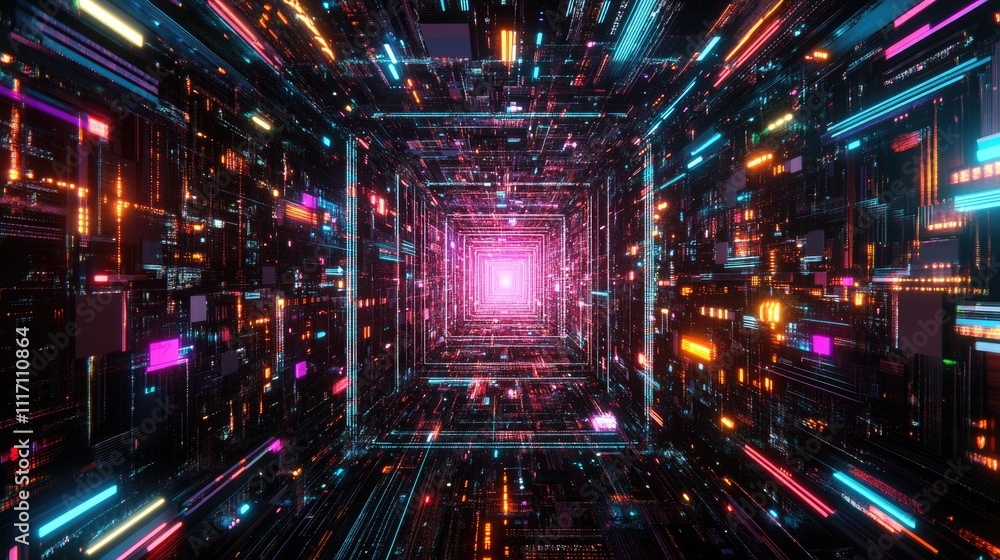 Obraz premium Static-filled screen with rainbow tones and sharp geometric forms, evoking tech nostalgia.