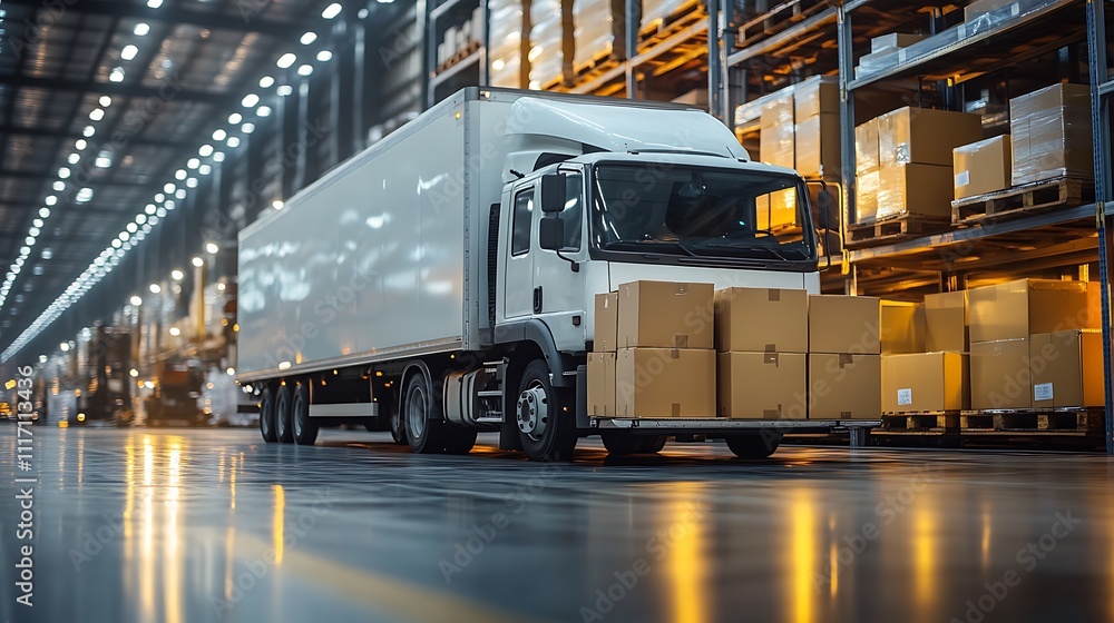 Action delivery truck loading boxes in warehouse environment Action delivery truck loading boxes in warehouse environment