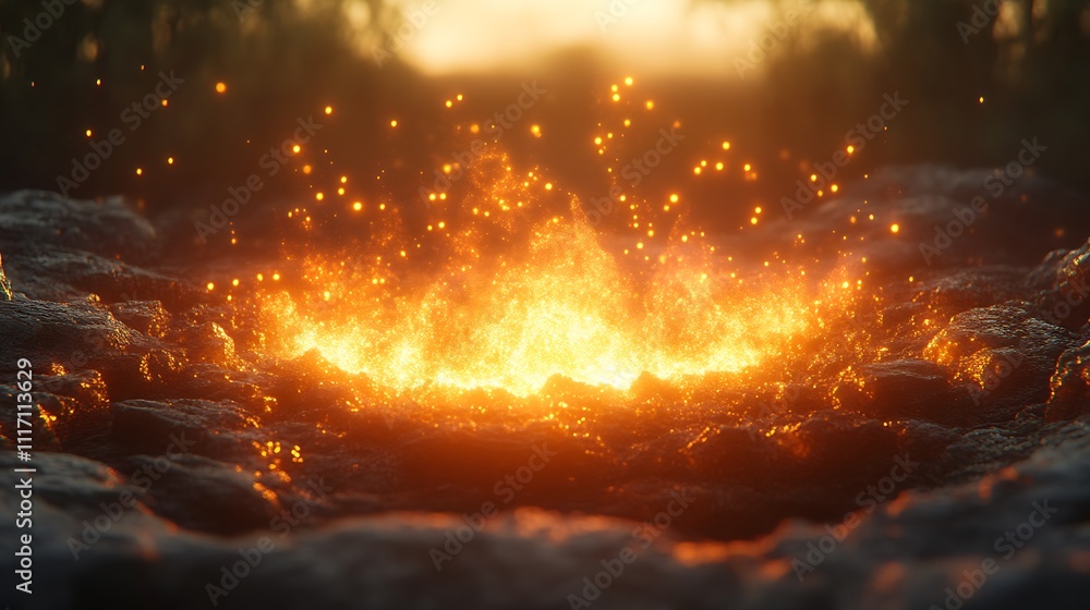 Fiery Embers Glow Within Volcanic Rocks At Sunset Fiery Embers Glow Within Volcanic Rocks At Sunset