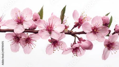 Close-up of a pink cherry blossom branch with delicate petals and a white background.