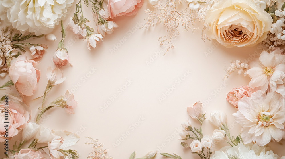 Floral frame with blush and cream flowers on soft background Floral frame with blush and cream flowers on soft background