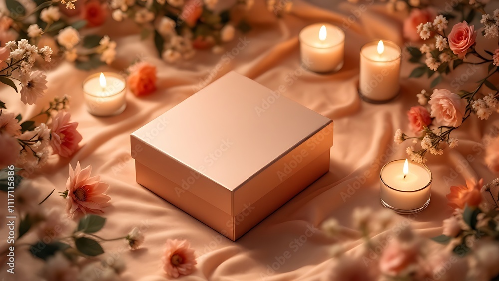 Elegant packaging box displayed alongside candles and flowers, perfect for gift wrapping, celebrations, and special occasions. Ideal for luxury, romantic, and floral-themed designs. Elegant packaging box displayed alongside candles and flowers, perfect for gift wrapping, celebrations, and special occasions. Ideal for luxury, romantic, and floral-themed designs.