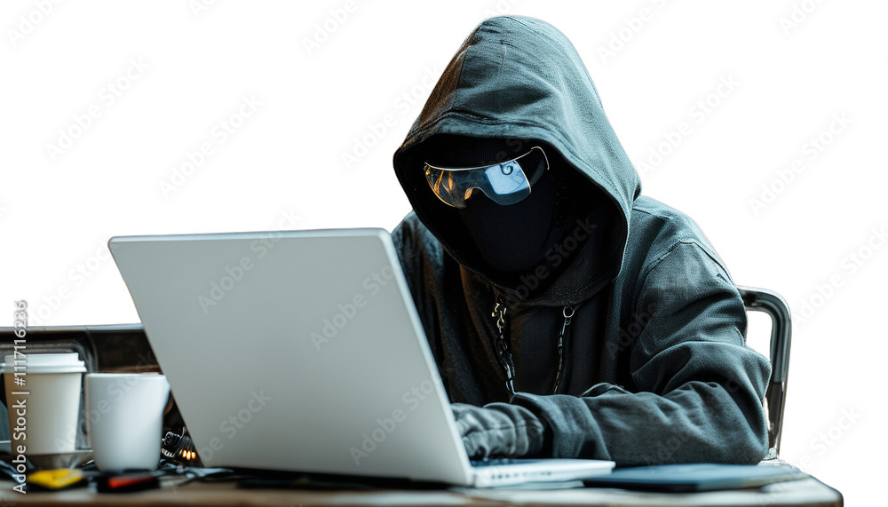 mysterious figure in hoodie and mask works intently on laptop, surrounded by coffee cups and tech gadgets, evoking sense of intrigue and secrecy mysterious figure in hoodie and mask works intently on laptop, surrounded by coffee cups and tech gadgets, evoking sense of intrigue and secrecy