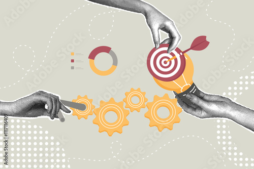 Trendy halftone collage. Concept project management, business idea realization, analysis, idea development, goal achievement, planning. Illustration for web banner, social media banner